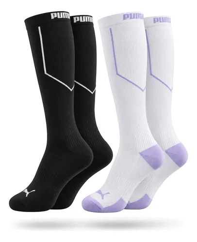 Kit 2 Meias Puma Esportiva Cano Longo Compressão Original Branco Lavanda / Preto Branco Listras 34 - 39