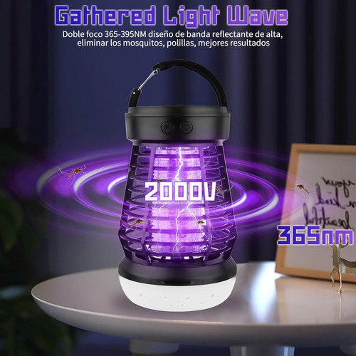Lámpara Mata Mosquitos 3 En 1 Recargable 2000v Usb Negro