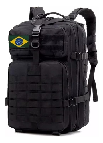 Mochila Tática Camping Militar 50 Litros Resistente A Água. Cor Preto Bandeira do Brasil e EUA