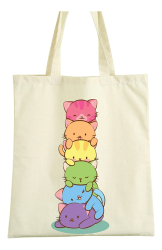 Tote Bag Tela Lienzo Estampado De Gatitos De Colores 40x35cm Beige Gatitos
