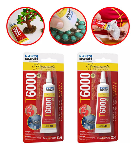 Cola COLAS ADESIVO EXTRA FORTE PARA ARTESANATO TRANSPARENTE A PROVA D'ÁGUA FLEXÍVEL LAVÁVEL T6000 Tekbond de 25g - Kit  de 2 unidades - Incolor