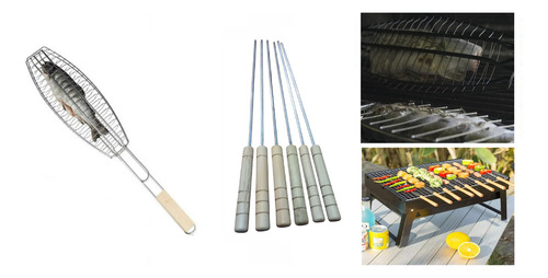 Rejilla Antihaderente Y 6 Pinchos Para Brocheta Pescado Asar