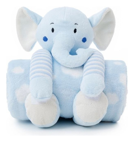 Bichinho Pelúcia C/ Manta Cobertor Ninar 75x75cm Bebê Cor Elefantinho Azul