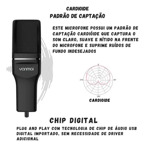 Microfone Condensador Mesa Com Pop Filter Streaming Podcasts