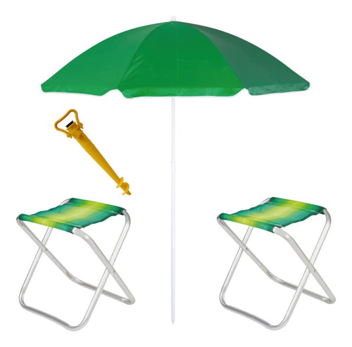 Kit Praia Guarda Sol + 2 Banquetas Dobráveis + Saca Areia