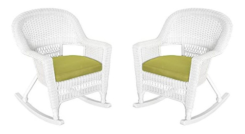 Silla De Mimbre Con Cojín De Verde, Set De 2, Mimbre, Blanco