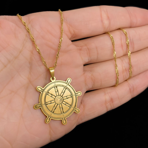 Cadena Y Dije Timón Barco Oro 18k Oro 18k 45 Cm