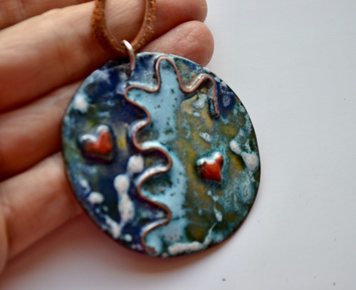 Imagen 2 de 4 de Collar Mar, ,mini Cuadro Pintado A Mano Con Esmalte En Cobre