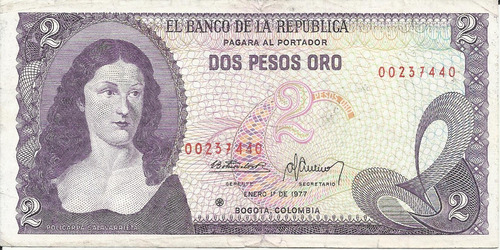 Colombia Reposición 2 Pesos Oro 1 Enero 1977