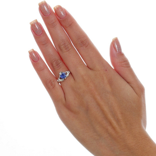 Anel Solitário Claddagh Pedra Azul Anil Prata 925 Kl