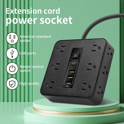 1 Regleta Multicontacto Extension Usb, Con12 Salidas Ca Y 3 Puertos Usb (1 Usb C), Enchufe/conector Multiple, 2 M Extension Electrica, Para Dormitorio, Casa, Dorm, Oficina (negro