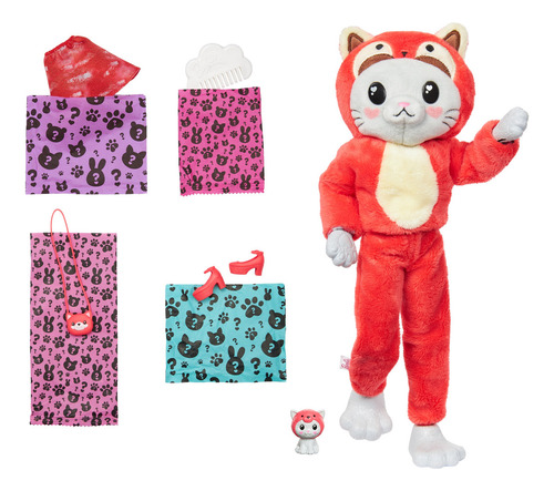 Barbie Cutie Reveal Muñeca Gatito Disfrazado De Panda Rojo