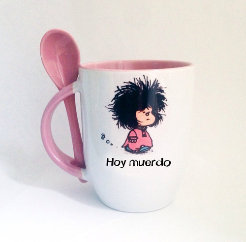 Imagen 2 de 3 de Taza Mafalda Personalizada Con Tu Nombre Cuchara Rosa