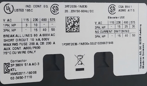 Contator Tripolar Siemens 50a 3rt2036 1NB30 Na+nf