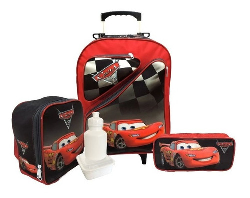 Kit Mochila Infantil Carros Mcqueen 2 Bolsos Rodinhas G F5