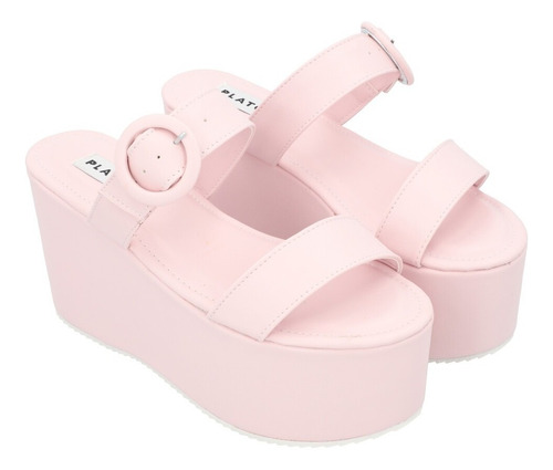 Sandalia Plataforma Rosa Con Doble Tira Y Hebilla Forrada