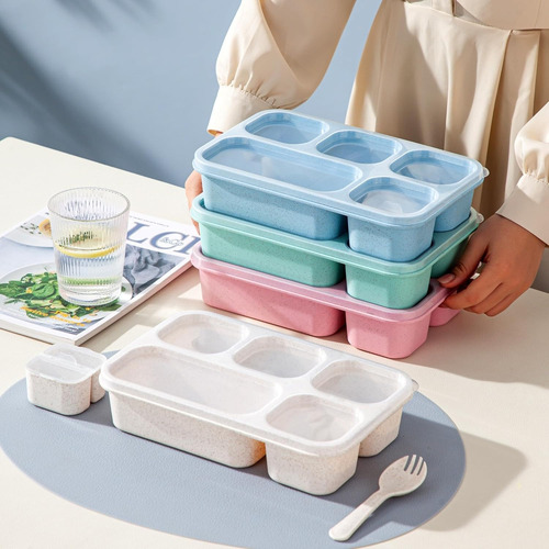 Bento Box Tupper Para Comida Con 4 Moldes Blanco Rosa Azul Y Verde
