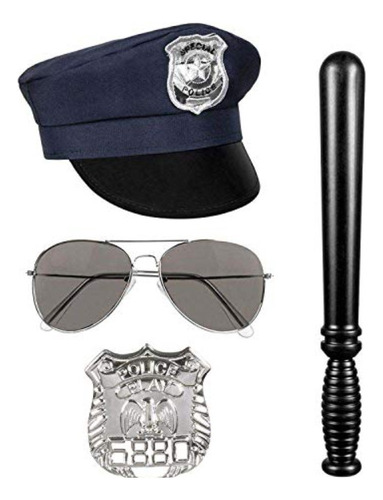 Set Policia Adultos Gorro Cachiporra Lentes Placa Esposas