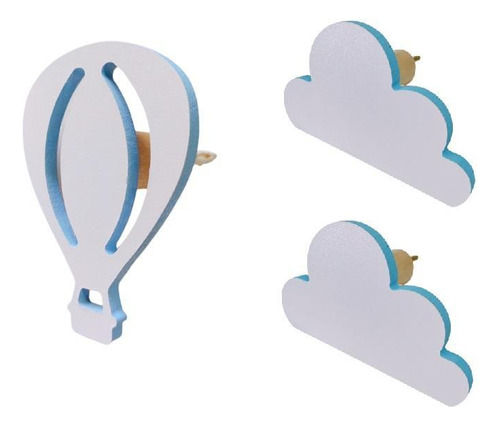 Ganchos De Parede Nuvem E Balão Infantil - Azul (3 Unidades)