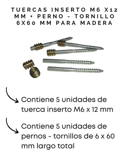 Pack Tuerca Inserto M6 X 12 Mm + Perno - Tornillo 6 X 60 Mm