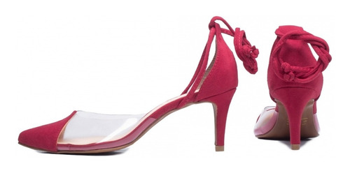 Imagem 2 de 6 de Scarpin Vermelho Com Vinil Transparente Saltinho Fino Baixo