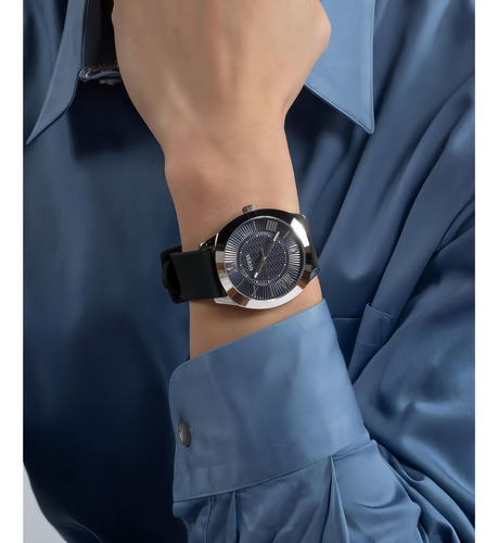 Reloj Para Caballero Guess Imprint Correa Negro Bisel Plateado Fondo Negro