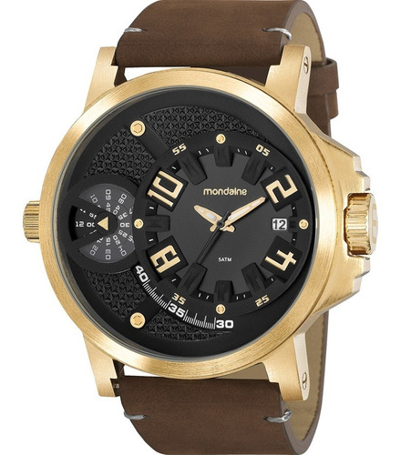 Relógio Masc Dourado Pulseira Couro Marrom Mondaine