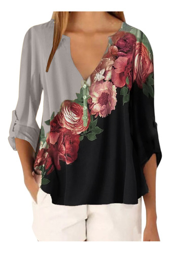 Blusa Holgada Con Estampado Floral Y Cuello En V Para Mujer
