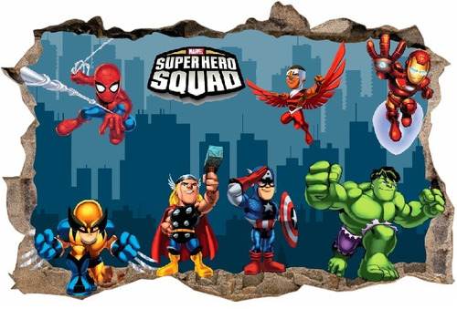 Vinilos Efecto 3d Pared Rota Escuadron Superheroes - 1mx60cm