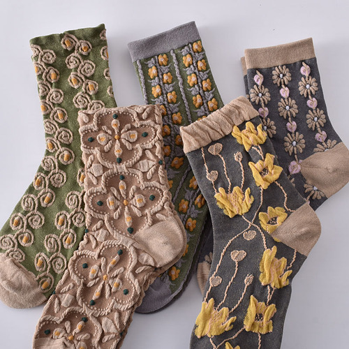 5 Pares De Calcetines Con Textura Floral En 3d, Estilo Retro