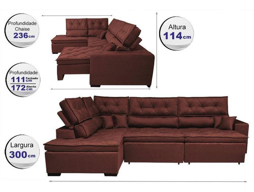 Sofa De Canto Retrátil,reclinável Cama Inbox Platinum Vinho Cor Bordô Desenho Do Tecido Liso