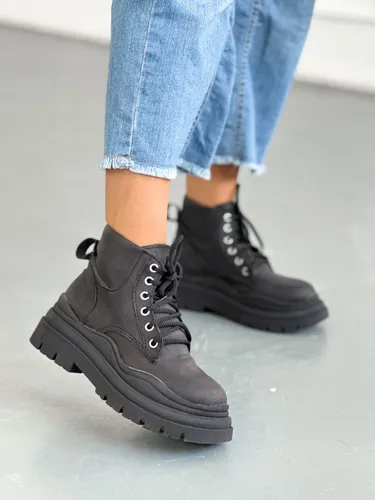 Borcegos Mujer Botas Altos Con Cordone Cuero Eco Juana Negro