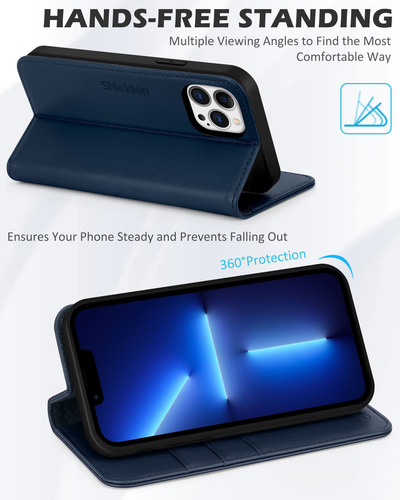 Funda Tipo Cartera Shieldon Para iPhone 13 Pro Max 5g, Color Azul Marino