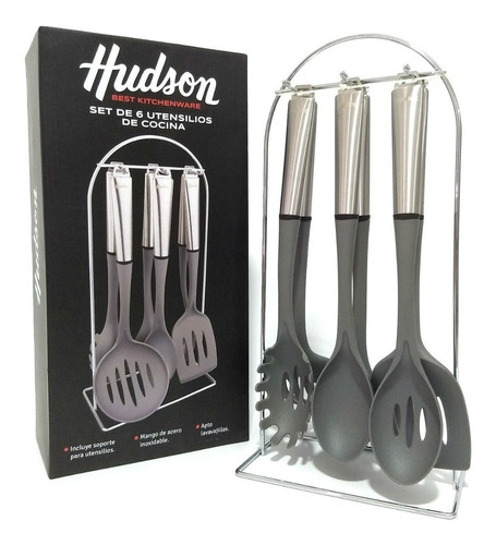 Set De 6 Utensilios De Cocina Hudson C/ Soporte Nylon Acero