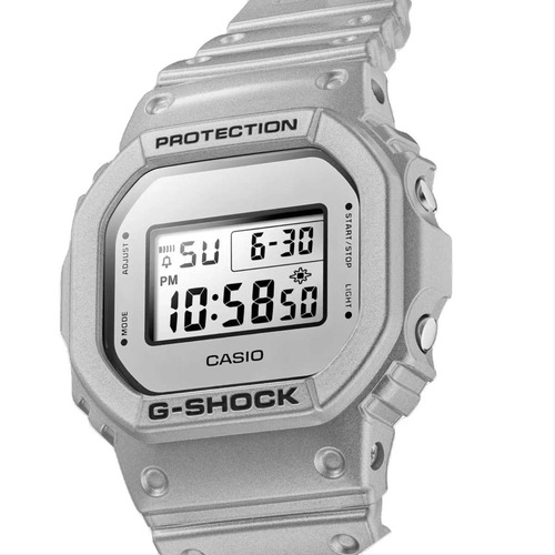 Correa de reloj Casio G-shock Forgotten Future DW-5600FF-8dr, color plateado y bisel plateado, color de fondo digital