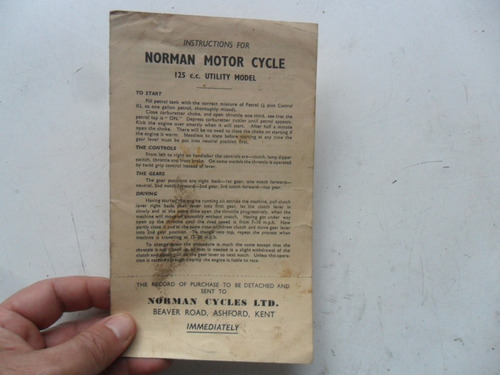 Folleto Manual De Moto Norman 125 Motor Cycles Antiguo Puma