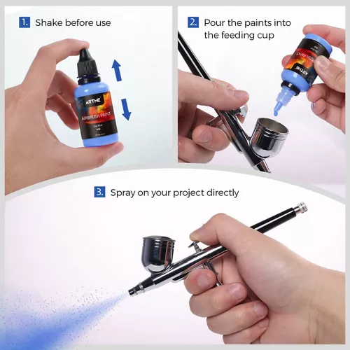 ARTME El juego de pintura de aerógrafo de 24 colores incluye colores  metálicos y neón, pintura acrílica opaca ya base de agua, kit de pintura de