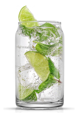 JoyJolt Juego de vasos de vidrio para beber de 6 a 16 onzas. Vasos de vidrio con forma de lata de soda transparente, lindos vasos de taza de café helado, cristalería para bebidas frías, agua única