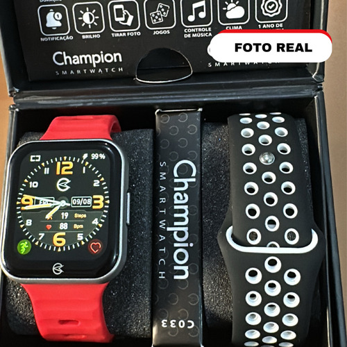 Relógio Smartwatch Champion Troca Pulseira + Pulseira Extra Caixa Preto Pulseira Vermelho Bisel Cinza