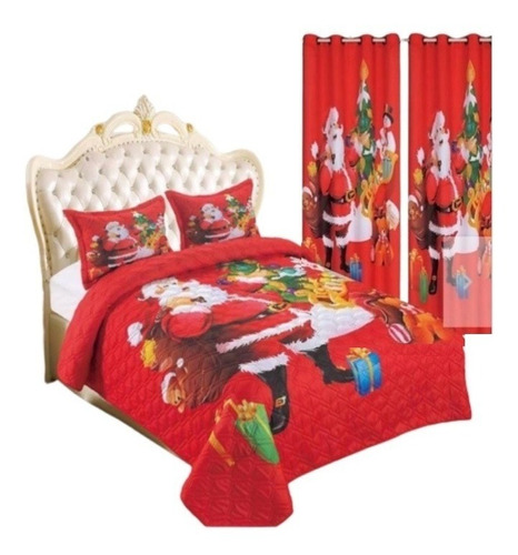 Imagen 1 de 4 de Cubrecama Verano Navidad Cobertor Quilt 2 Plazas + Cortinast