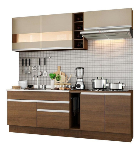 Cozinha Completa Madesa Parma Com Armário Vidro E Balcão Rrc Cor Rustic/Rustic/Crema