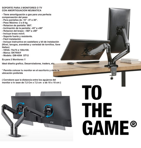 Imagen 3 de 7 de Soporte Doble 2 Monitor Mesa Brazo Amortiguacion Gas Skyway