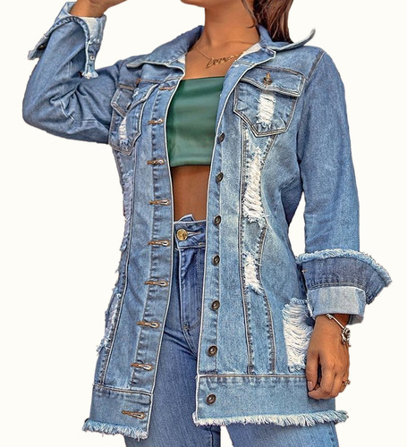 jaqueta jeans rasgado feminina