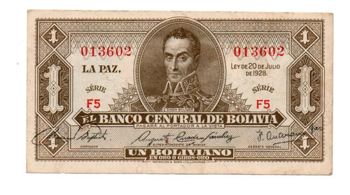 Bolivia Billete 1 Boliviano Año 1928 P#128a Excelente+