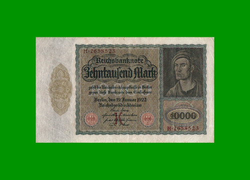Billete Alemania 10.000 Marcos Pick 70, Año 1922 Estado B+ .