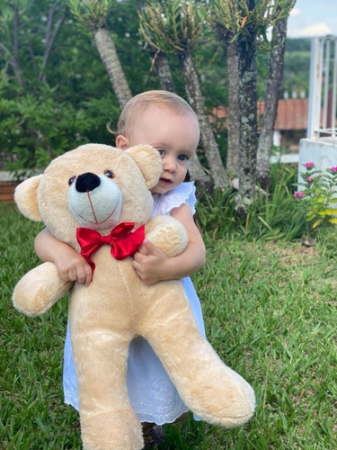 Urso De Pelúcia Teddy Grande Com Laço 50cm - Doce De Leite
