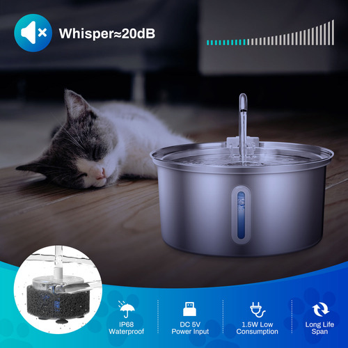 Fuente De Agua Para Gatos, Acero Inoxidable, 108 Oz/3.2 L Pa