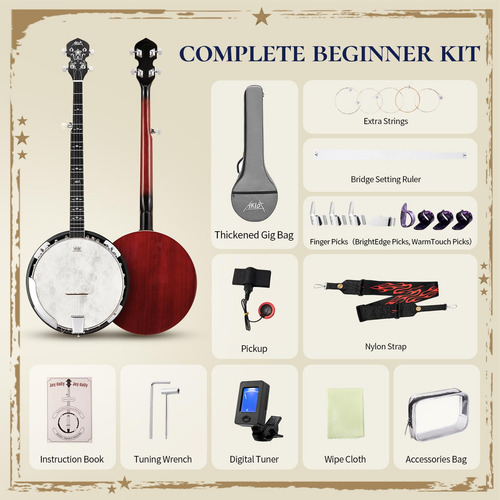 Banjo Aklot, Tamaño Completo, 5 Cuerdas Con Cabeza Remo, 38