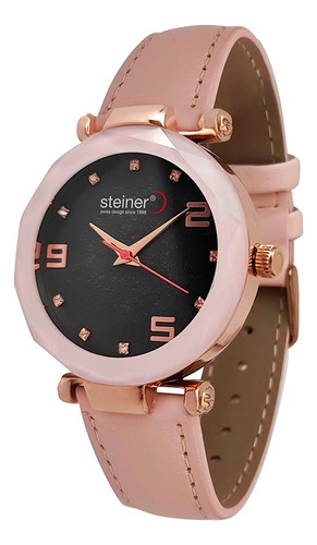 Reloj Análogo Para Dama Steiner Correa De Piel 36mm 3atm Correa Rosa Bisel Rosa Fondo Negro