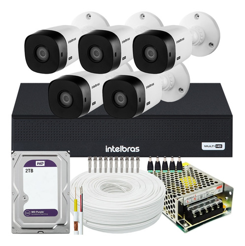Kit Cftv 5 Cameras Full Hd Dvr Intelbras 1008c 2tb Wd Purple